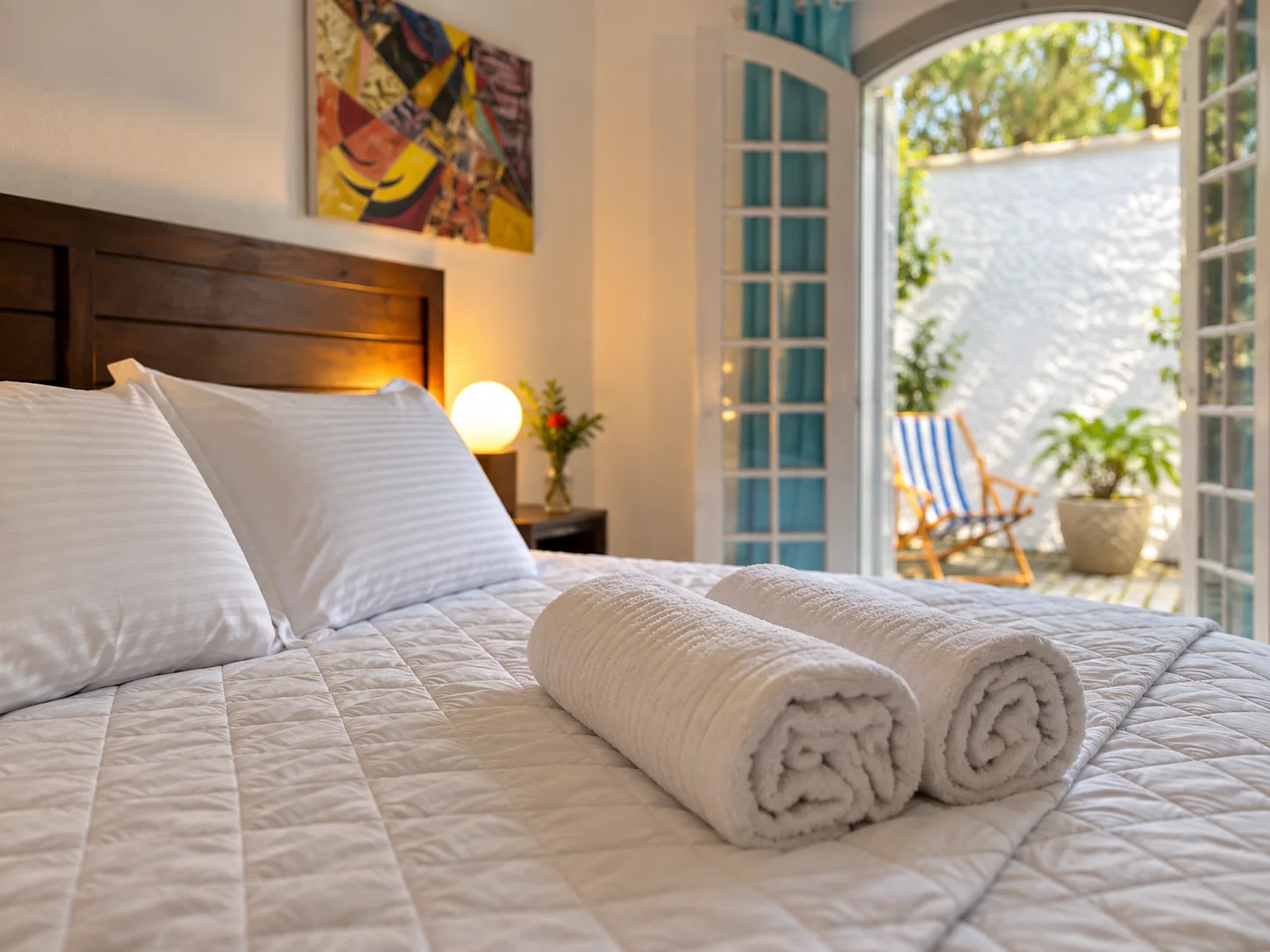 Detalhe de suíte da Casa Arte Caborê com toalhas sobre a cama, luminária acesa e arte ao fundo